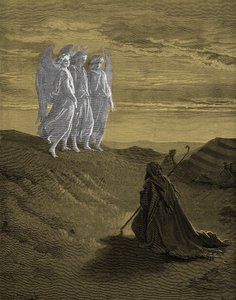 Abraham y los Tres Ángeles, grabado por Doré de Gustave Dore